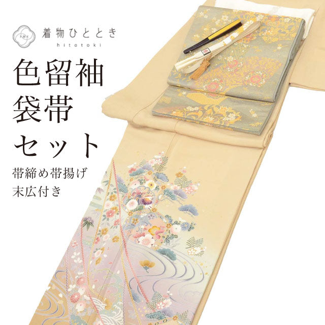 【中古】 リサイクル着物 色留袖 袋帯 セット 正絹 比翼付き 友禅 金彩 裄65cm 身丈157cm M ベージュ色系 流水 花 鴛鴦文様 帯締め 帯揚げ 末広付き 一つ紋 フォーマル コーディネート レディース uu2572b