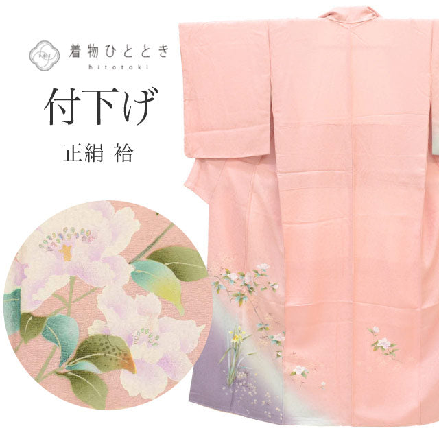 【中古】 リサイクル着物 付下げ 附下げ 正絹 絹 SS サイズ 低身長 小さめサイズ 特品 身丈147cm はればれ加工済 裄丈61.5cm 袷 仕立て上がり 未使用品 ピンク 椿 菖蒲 SILK リユース uu2578b uu2578b