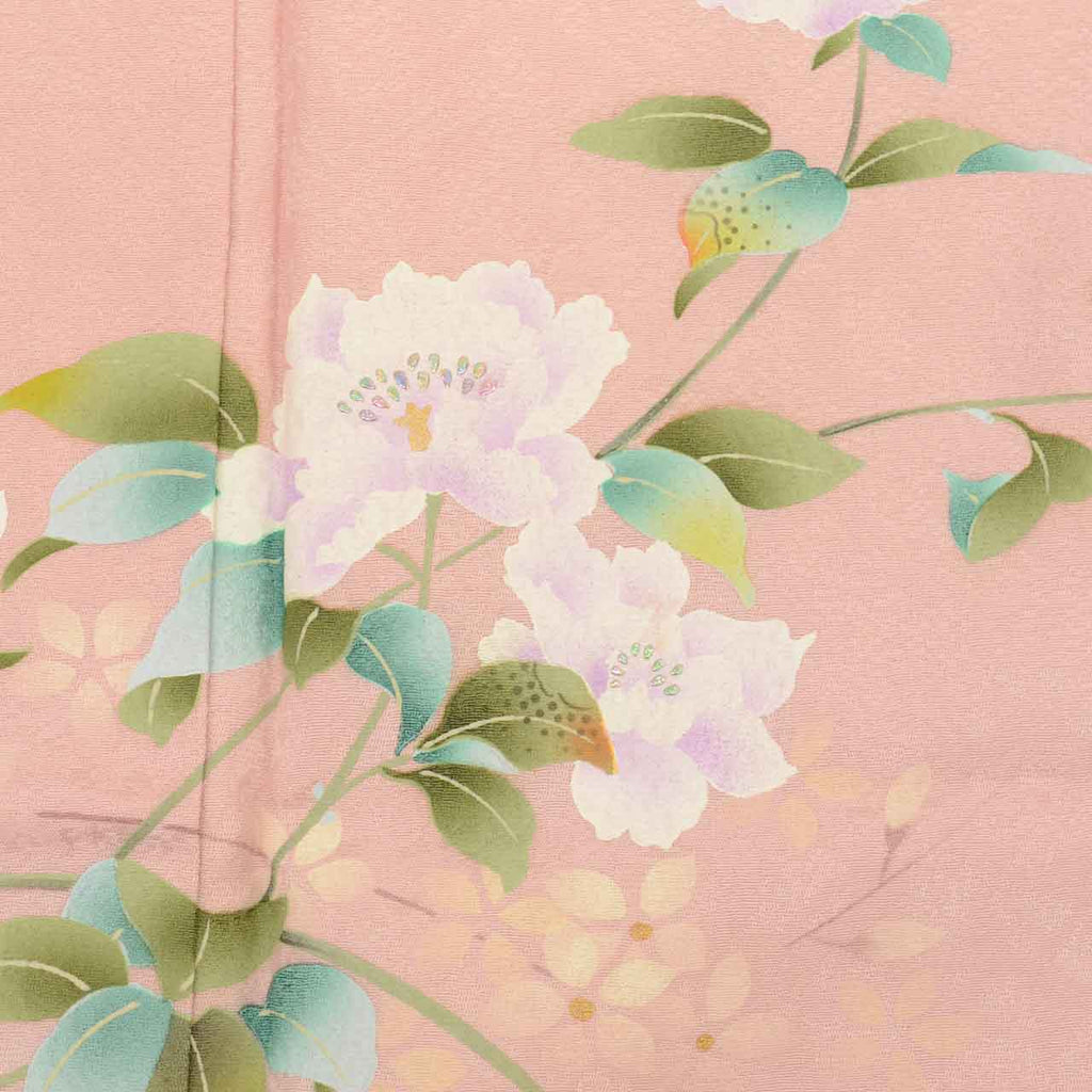 Vintage Japanese Kimono | Tsukesage | Pink Silk | Camellia Iris Pattern | Harebare Guard | Unused | Petite Size SS | Sustainable | uu2578b