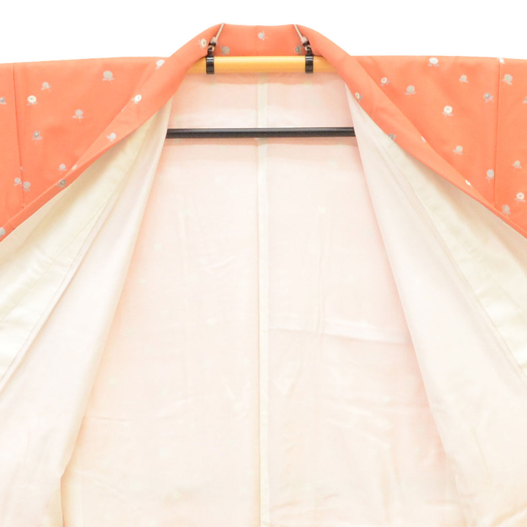 Vintage Japanese Kimono | Tsukesage | Orange Silk | Camellia Pattern | Kyo-Komon Artisan Iseki Kazuo | Size L | Sustainable | uu2579b