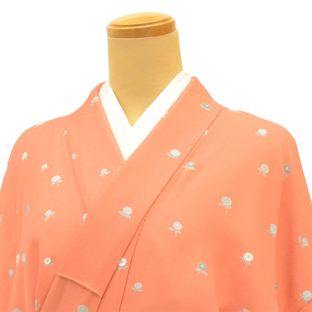 Vintage Japanese Kimono | Tsukesage | Orange Silk | Camellia Pattern | Kyo-Komon Artisan Iseki Kazuo | Size L | Sustainable | uu2579b
