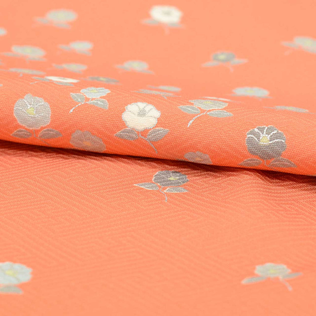 Vintage Japanese Kimono | Tsukesage | Orange Silk | Camellia Pattern | Kyo-Komon Artisan Iseki Kazuo | Size L | Sustainable | uu2579b