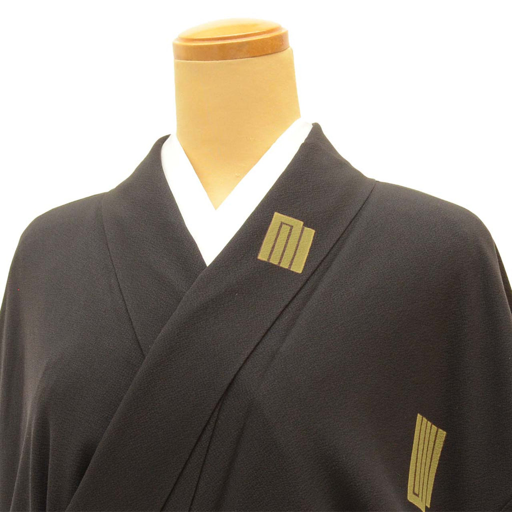 [Used] Recycled Kimono, Komon style, Pure Silk, Size L, Excellent Condition, Length 165.7cm (65.2in), by Tsujimura Jusaburo, Sleeve Length 66.3cm (26.1in), Lined, Ready-made, Crepe fabric, Signed by the artist, Brown, Genji-ko pattern, Silk, Reuse uu2586b 