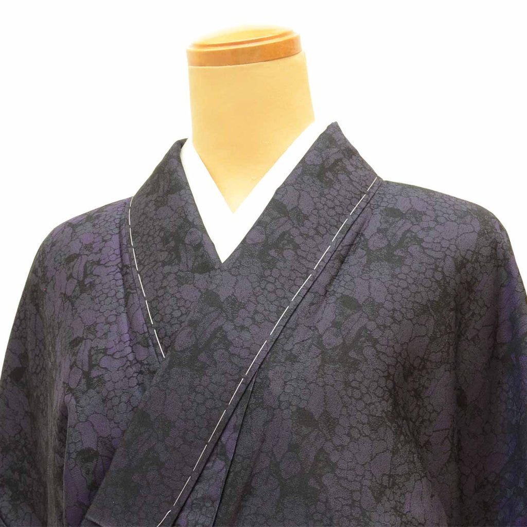 Vintage Japanese Kimono | Omeshi Kimono | Black Silk | Grape Pattern | Pearl-tone | Unused | Tall Size LL | Sustainable | uu2588b
