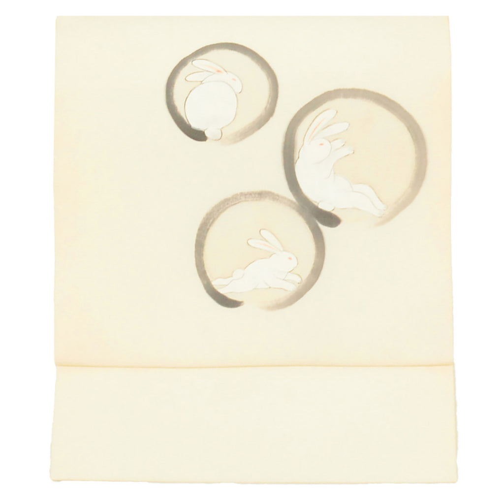 Vintage Japanese Obi | Nagoya Obi | White Silk | Circle Rabbit Pattern | Artist Dye-painted | Sustainable | uu2589b