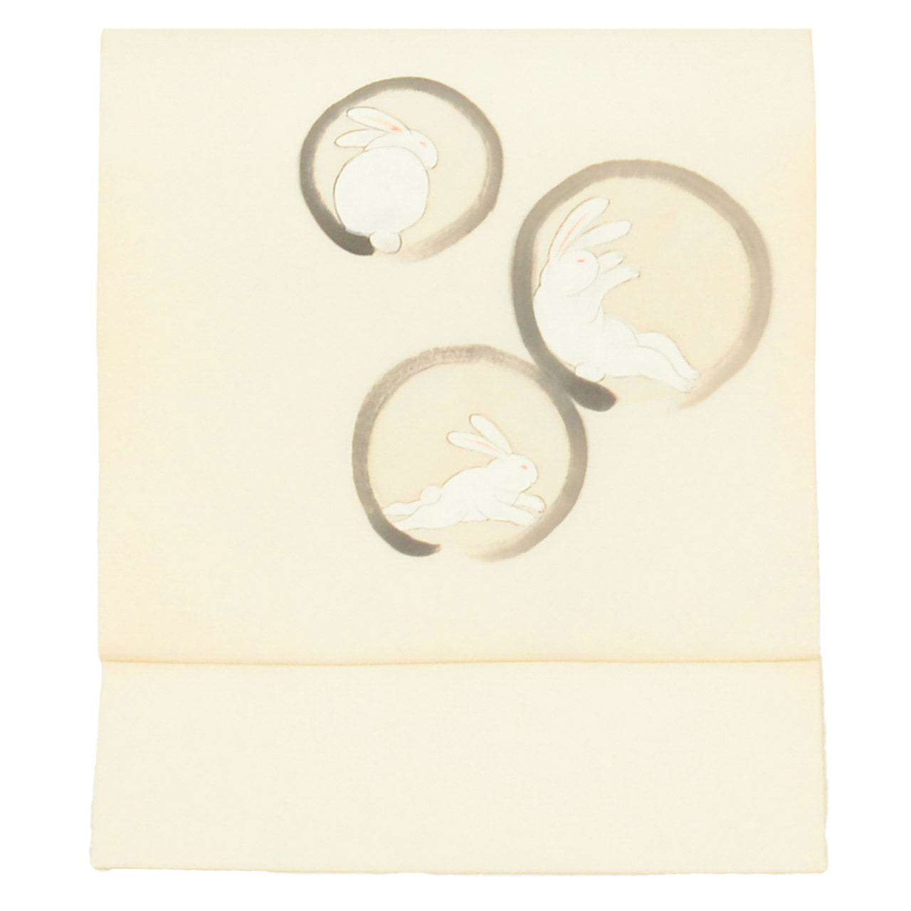 Vintage Japanese Obi | Nagoya Obi | White Silk | Circle Rabbit Pattern | Artist Dye-painted | Sustainable | uu2589b