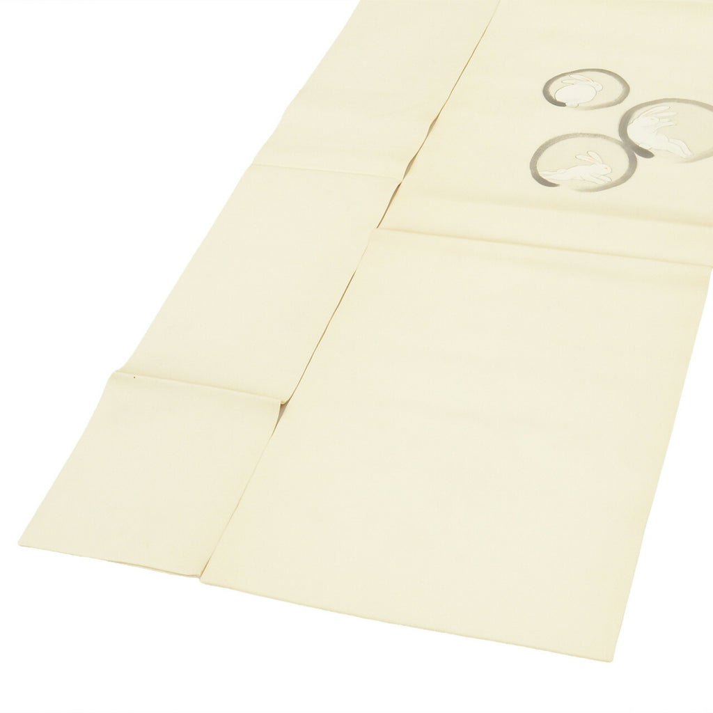 Vintage Japanese Obi | Nagoya Obi | White Silk | Circle Rabbit Pattern | Artist Dye-painted | Sustainable | uu2589b