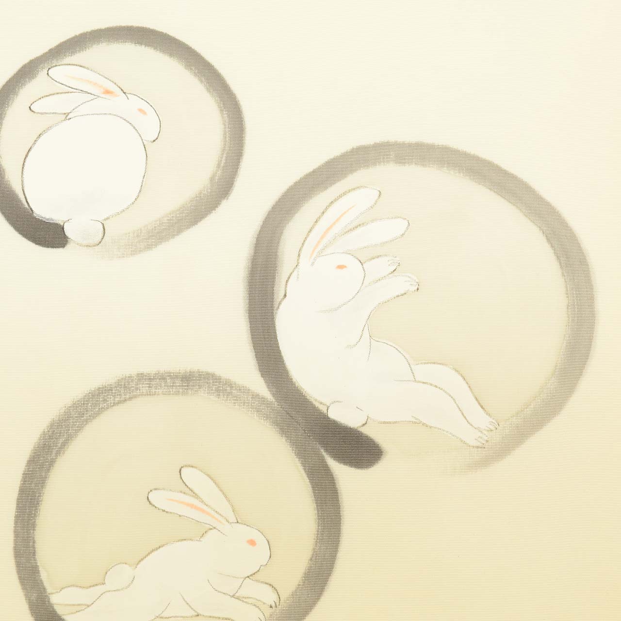 Vintage Japanese Obi | Nagoya Obi | White Silk | Circle Rabbit Pattern | Artist Dye-painted | Sustainable | uu2589b