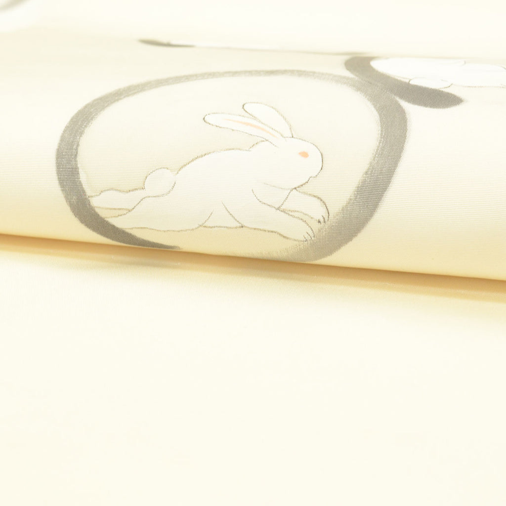 Vintage Japanese Obi | Nagoya Obi | White Silk | Circle Rabbit Pattern | Artist Dye-painted | Sustainable | uu2589b