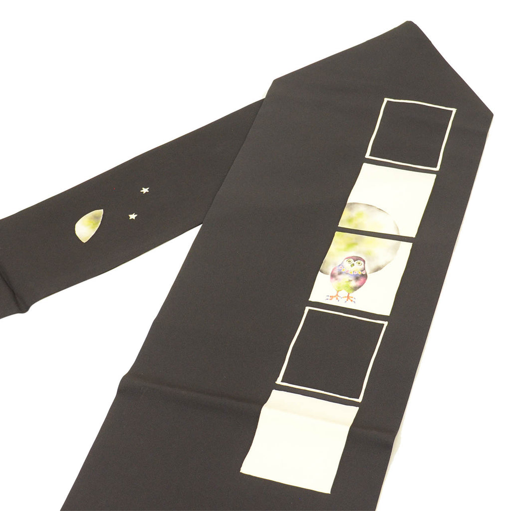 Vintage Japanese Obi | Nagoya Obi | Black Silk | Owl Pattern | Artist Dye-painted | Sustainable | uu2590b