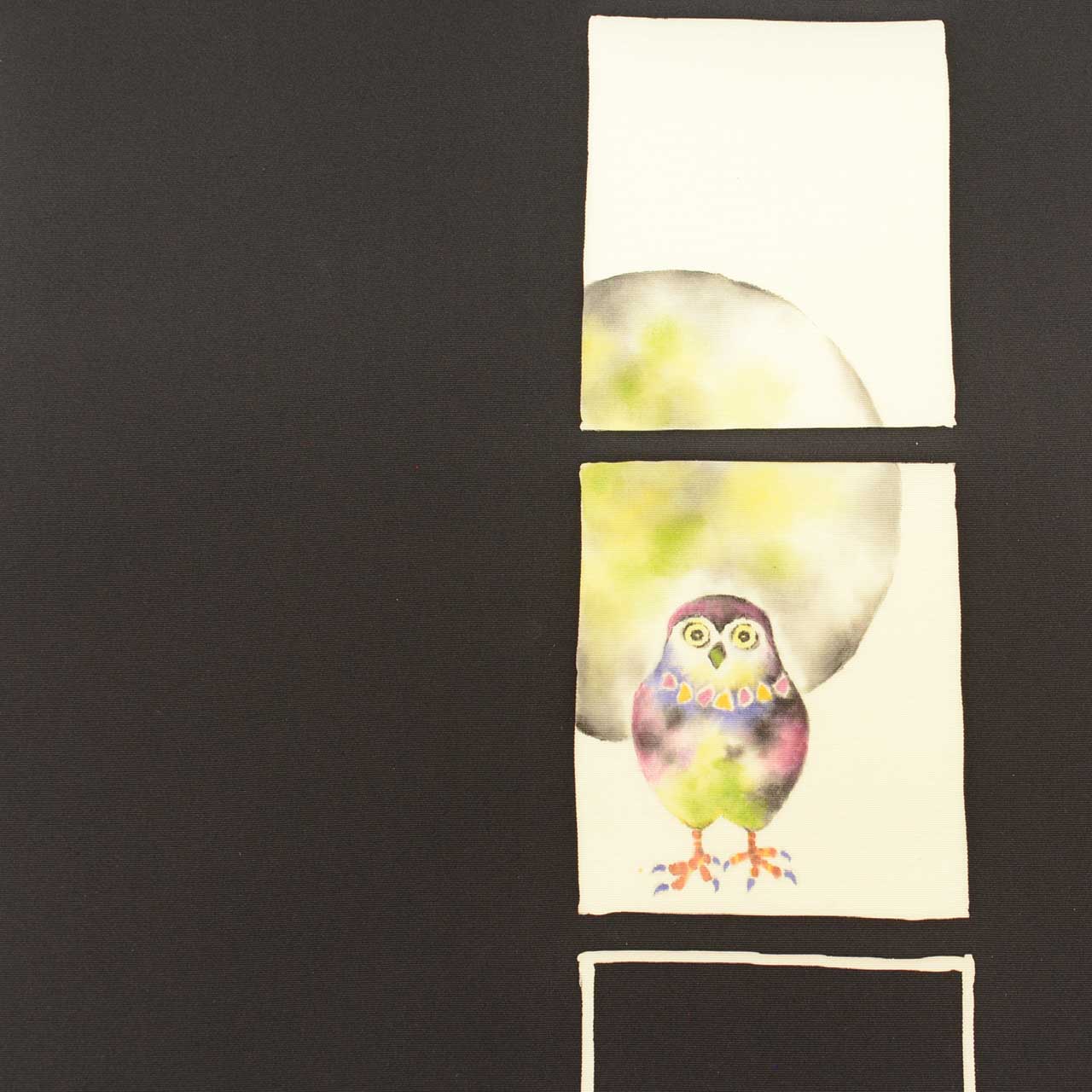 Vintage Japanese Obi | Nagoya Obi | Black Silk | Owl Pattern | Artist Dye-painted | Sustainable | uu2590b