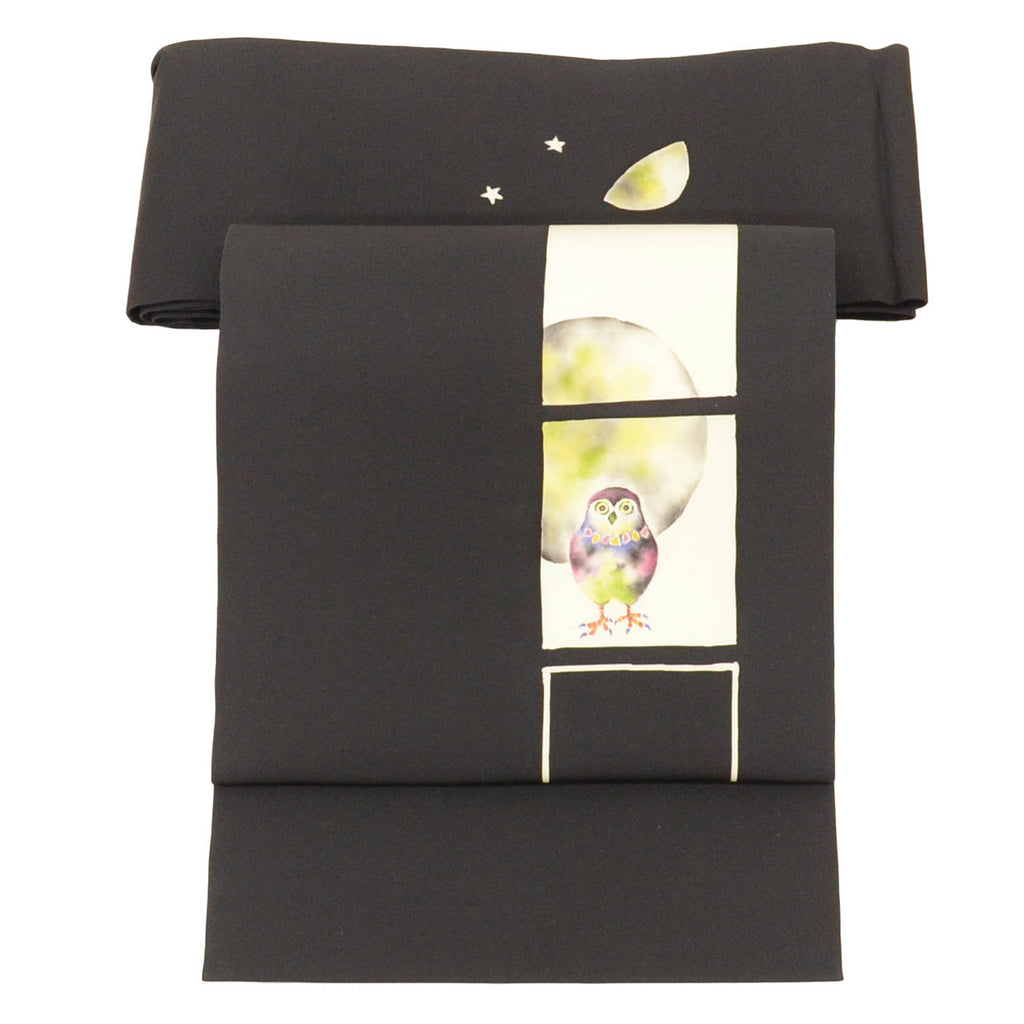 Vintage Japanese Obi | Nagoya Obi | Black Silk | Owl Pattern | Artist Dye-painted | Sustainable | uu2590b