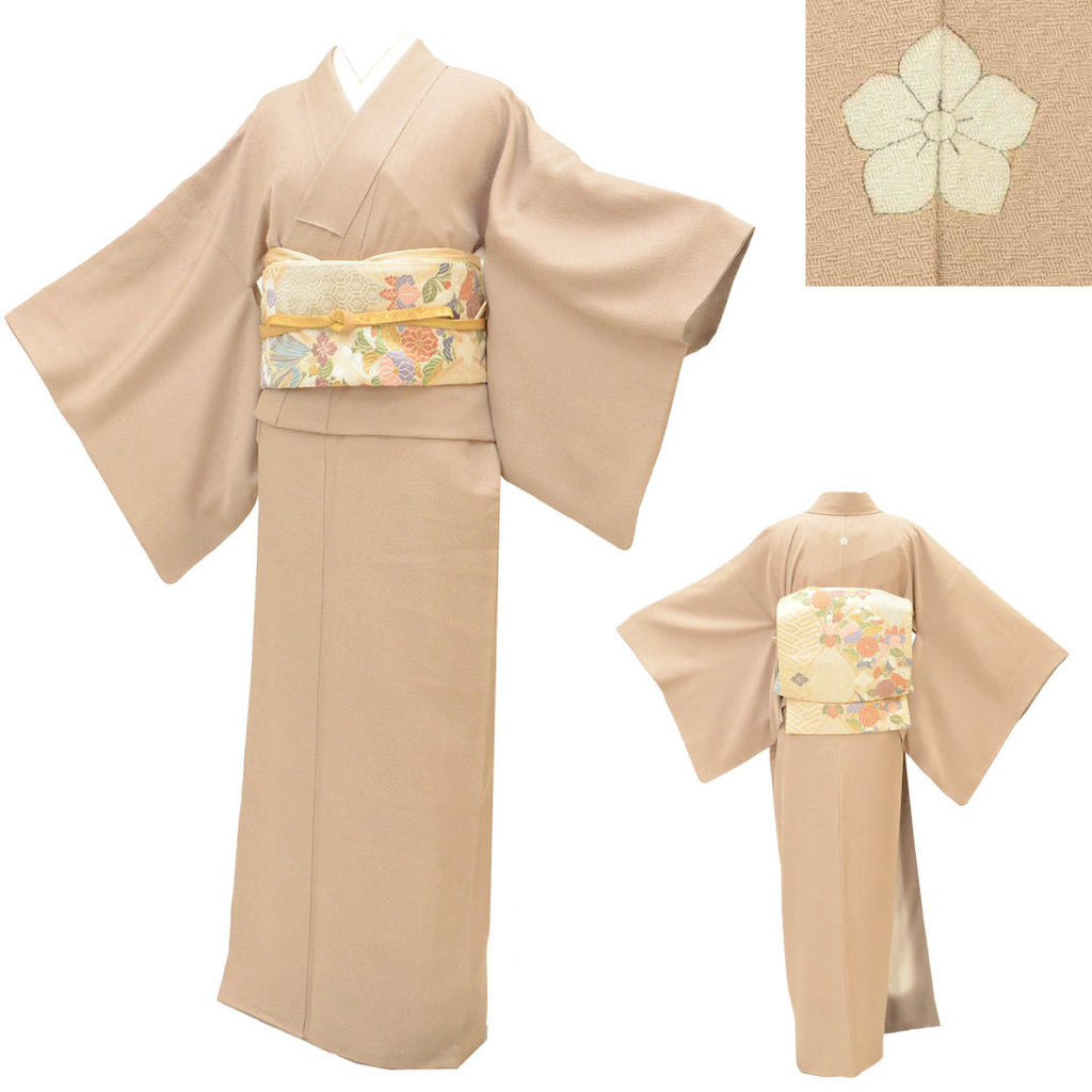 [Used] Recycled Kimono Set: Plain-colored kimono, pre-tied obi, pure silk, sleeve length 69cm, kimono length 144.5cm, size LL, suitable for heights 169.5cm-174.5cm, with one crest, brown color scheme, obi sash, obiage (sash tie), crepe silk, uu2593a120 