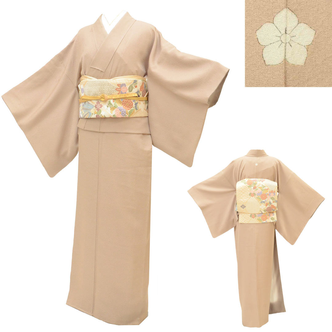 [Used] Recycled Kimono Set: Plain-colored kimono, pre-tied obi, pure silk, sleeve length 69cm, kimono length 144.5cm, size LL, suitable for heights 169.5cm-174.5cm, with one crest, brown color scheme, obi sash, obiage (sash tie), crepe silk, uu2593a120 