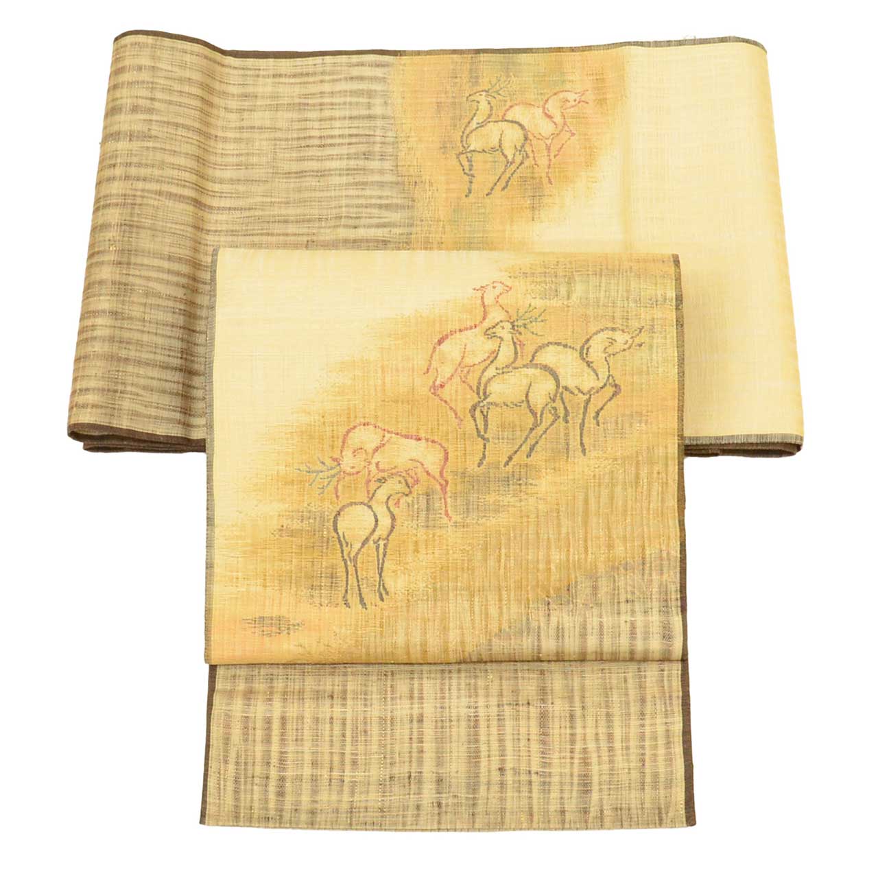 Vintage Japanese Obi | Summer Reversible Fukuro Obi | Silk Tsumugi | Deer Stripe | Nishijin Artist Signed | Sustainable | uu2598b