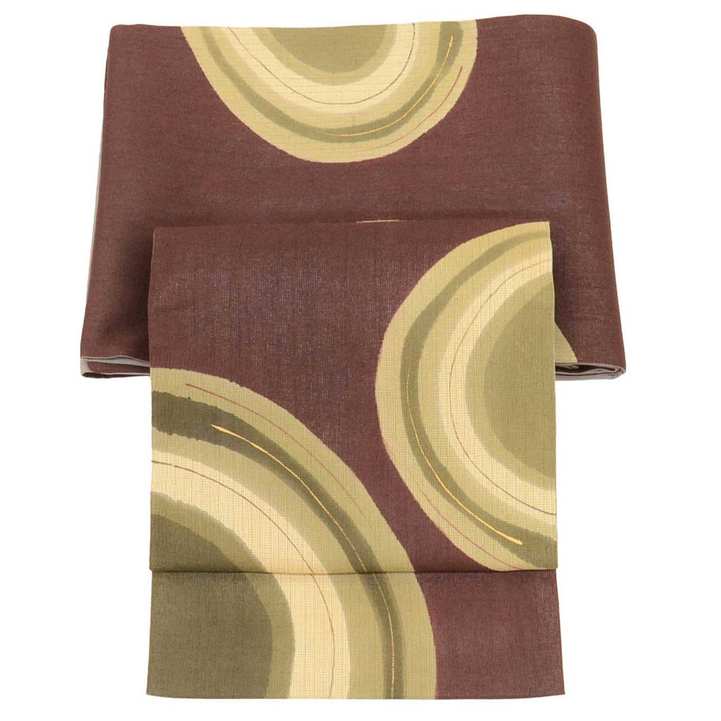 Vintage Japanese Obi | Sha-re Fukuro Obi | Brown Silk Tsumugi | Semicircle Pattern | Gold Foil | Sustainable | uu2601b
