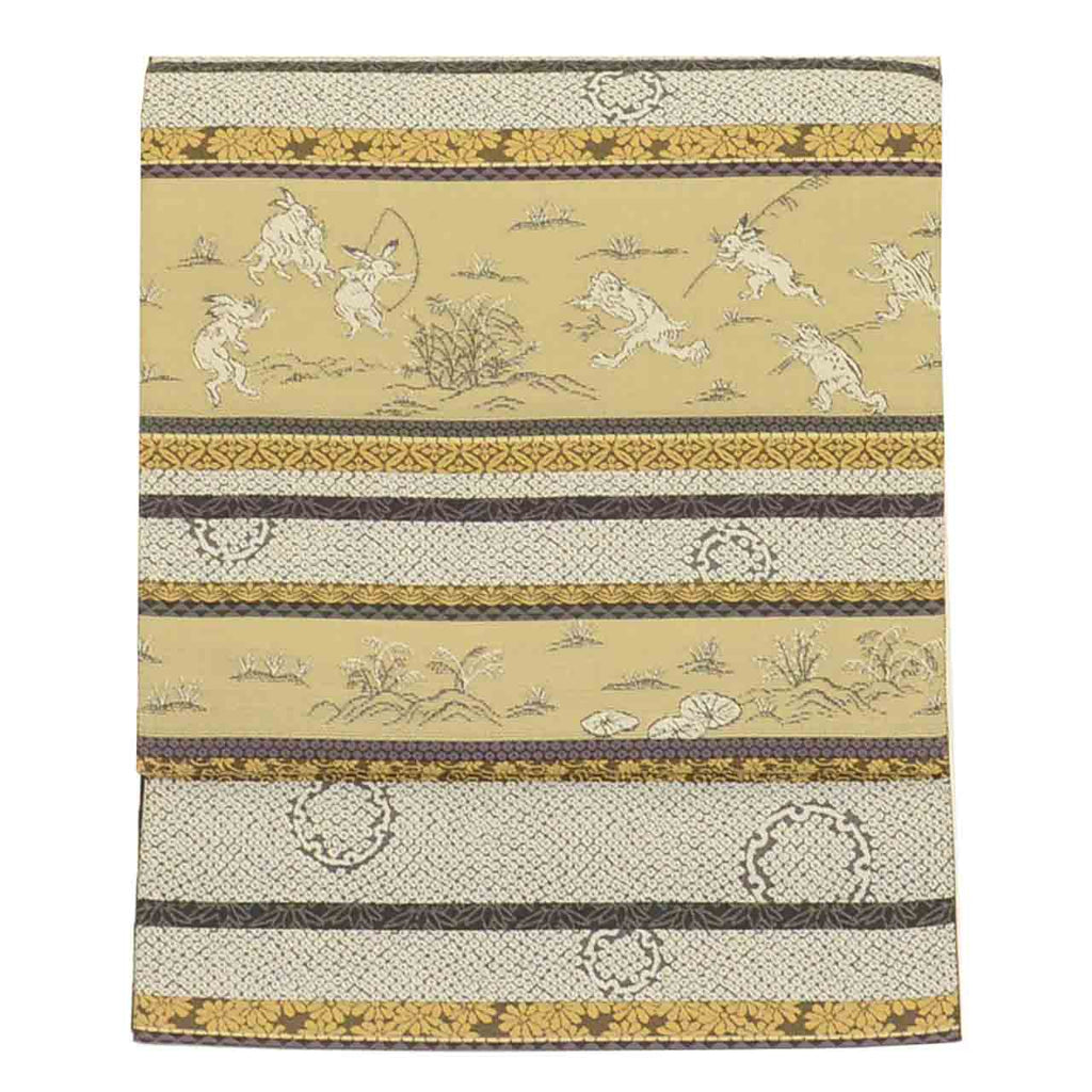 Vintage Japanese Obi | Fukuro Obi | Brown Gray Silk | Choju-Giga Scrolls | Shoha-ori | Excellent | Sustainable | uu2602b