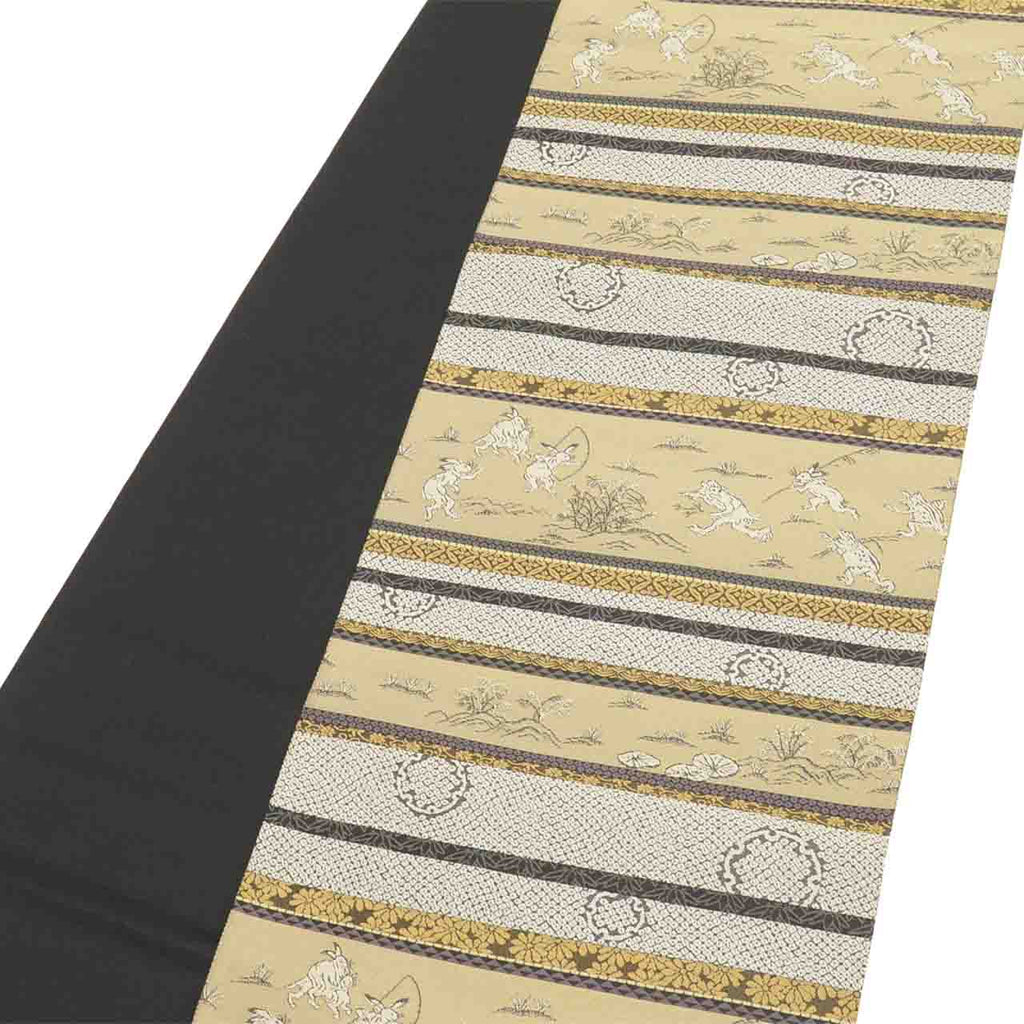 Vintage Japanese Obi | Fukuro Obi | Brown Gray Silk | Choju-Giga Scrolls | Shoha-ori | Excellent | Sustainable | uu2602b