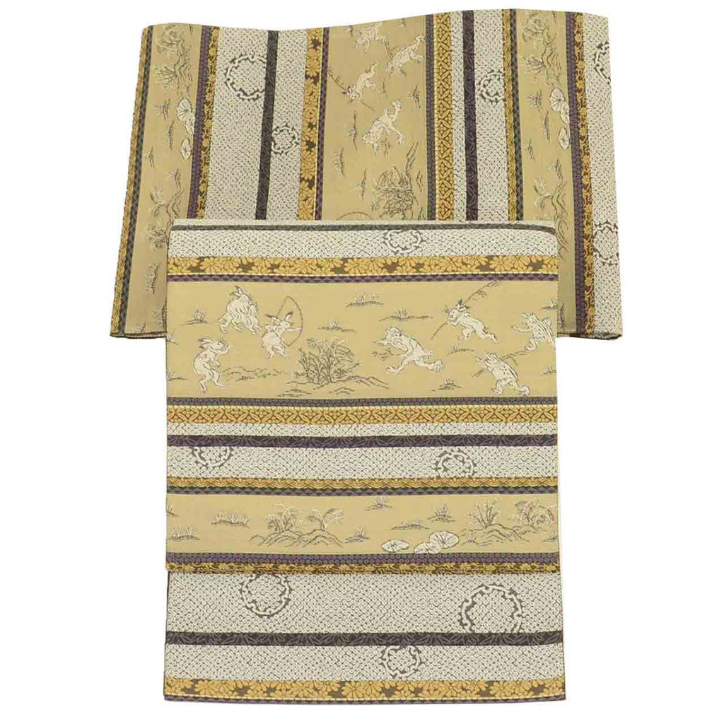 Vintage Japanese Obi | Fukuro Obi | Brown Gray Silk | Choju-Giga Scrolls | Shoha-ori | Excellent | Sustainable | uu2602b