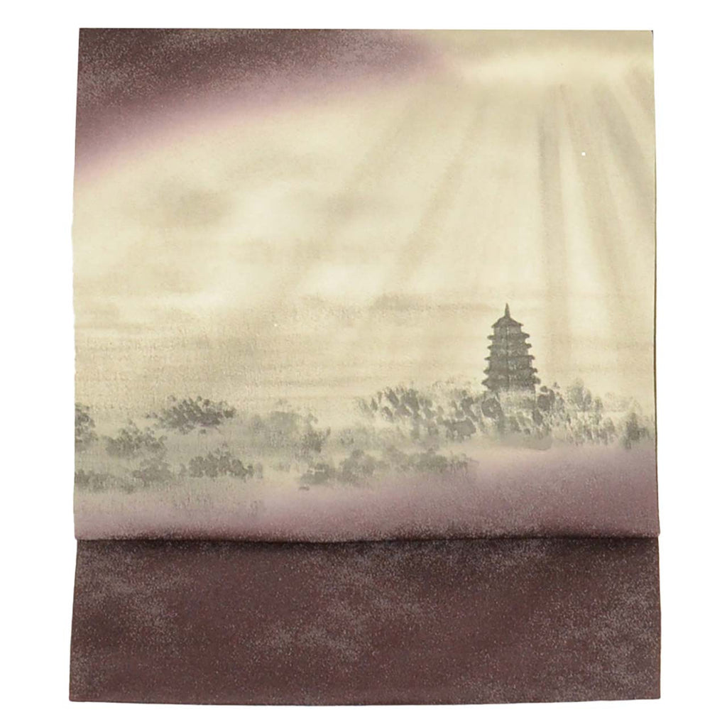 Vintage Japanese Obi | Nagoya Obi | Purple Silk | Five-storey Pagoda | Silver Thread | Semi-formal | Sustainable | uu2604b