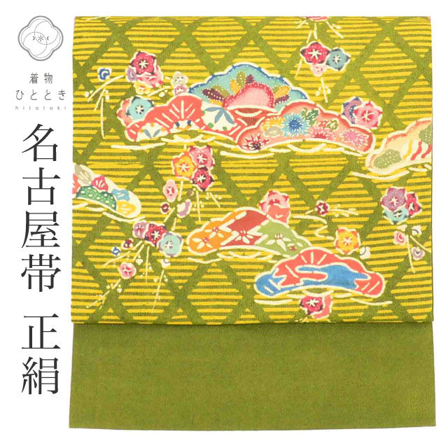 【中古】 リサイクル名古屋帯 帯 九寸帯 染め帯 紬地 正絹 絹 緑 菱 松 良品 カジュアル 全通柄 帯芯あり 着物 SILK シルク kimono リユース uu2608b