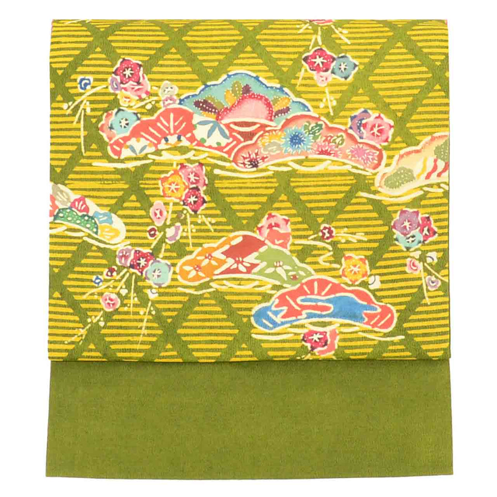 Vintage Japanese Obi | Nagoya Obi | Green Silk Tsumugi | Diamond Pine Pattern | Casual | Sustainable | uu2608b