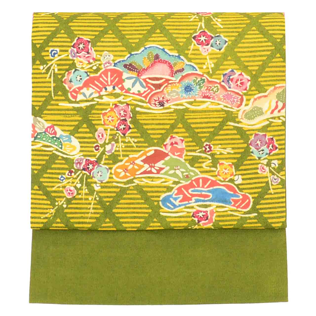 Vintage Japanese Obi | Nagoya Obi | Green Silk Tsumugi | Diamond Pine Pattern | Casual | Sustainable | uu2608b