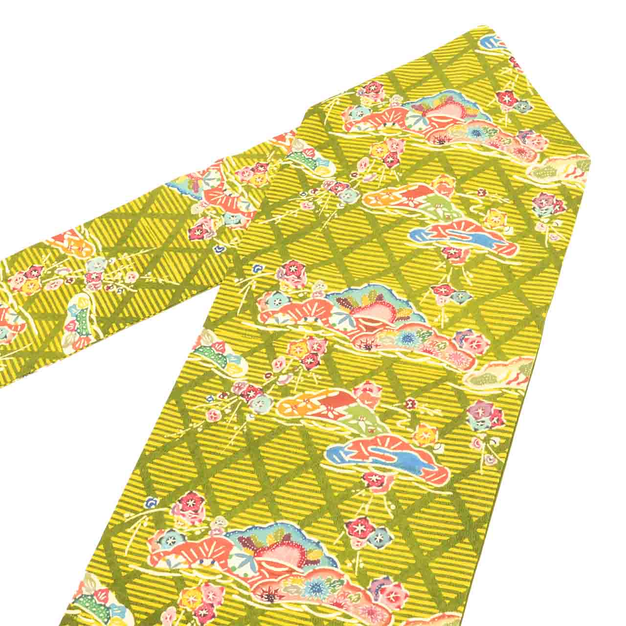Vintage Japanese Obi | Nagoya Obi | Green Silk Tsumugi | Diamond Pine Pattern | Casual | Sustainable | uu2608b