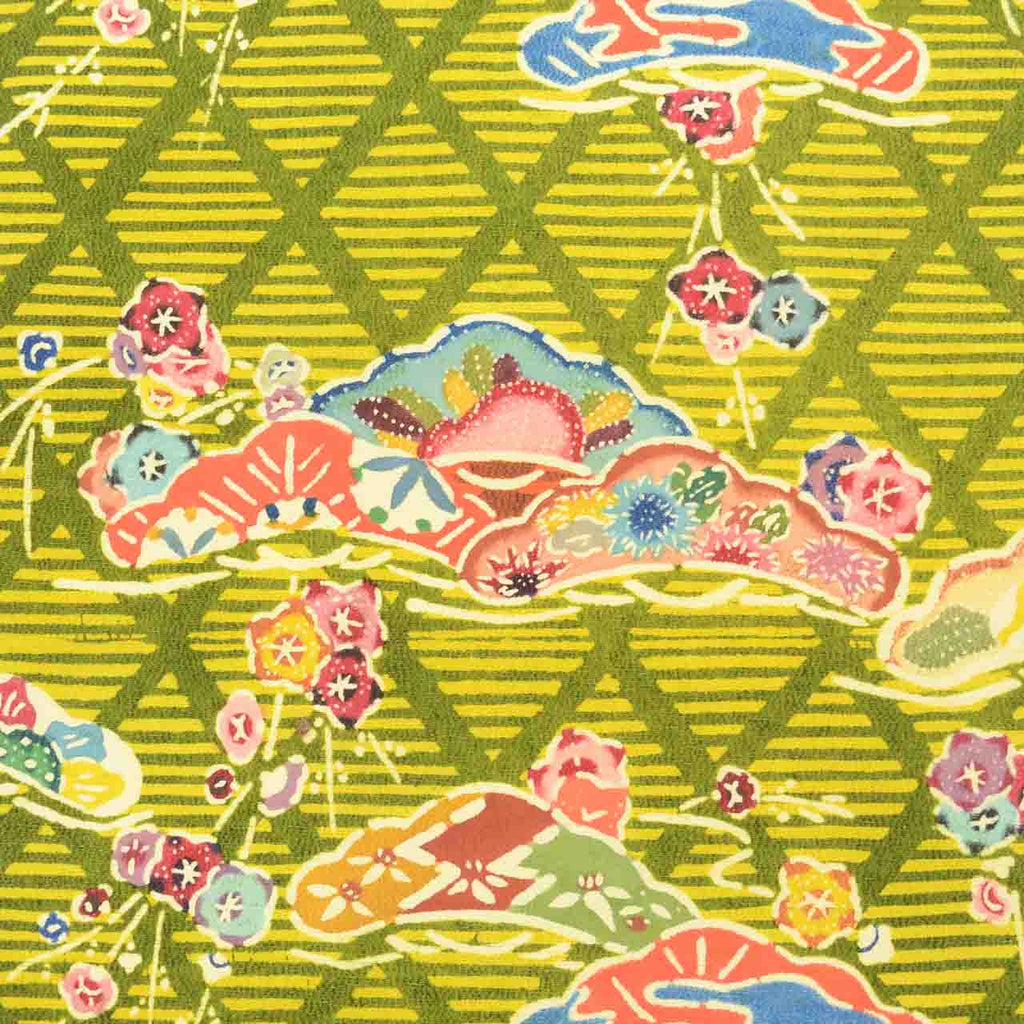 Vintage Japanese Obi | Nagoya Obi | Green Silk Tsumugi | Diamond Pine Pattern | Casual | Sustainable | uu2608b