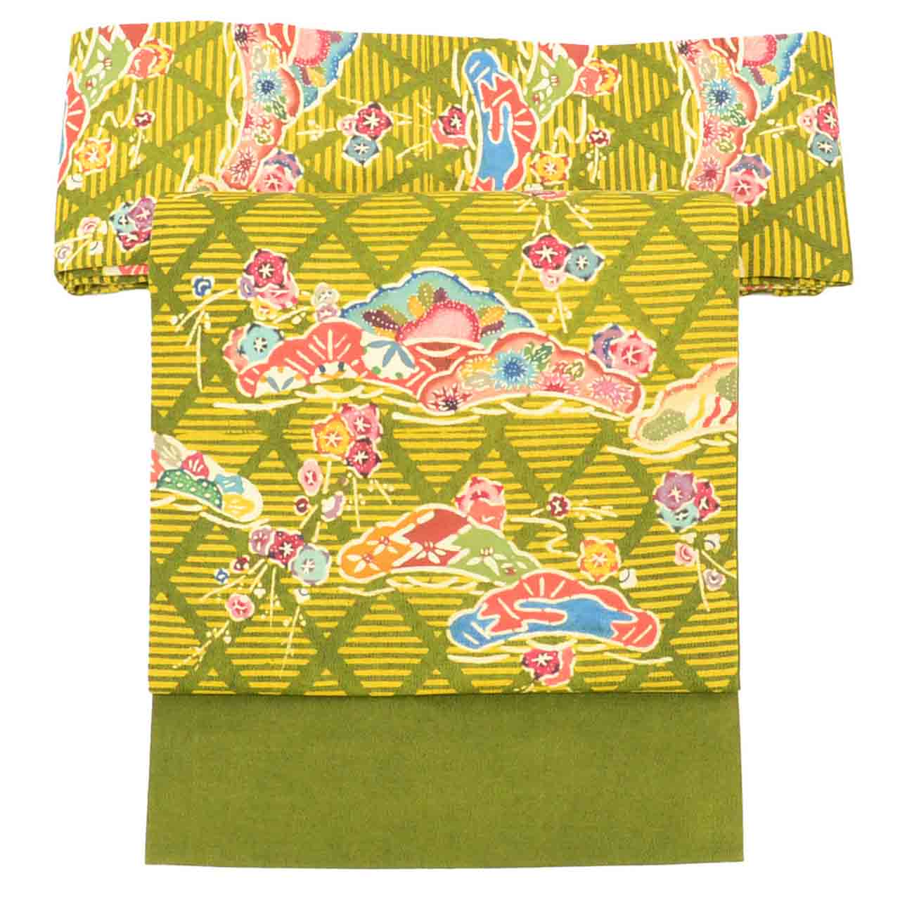 Vintage Japanese Obi | Nagoya Obi | Green Silk Tsumugi | Diamond Pine Pattern | Casual | Sustainable | uu2608b