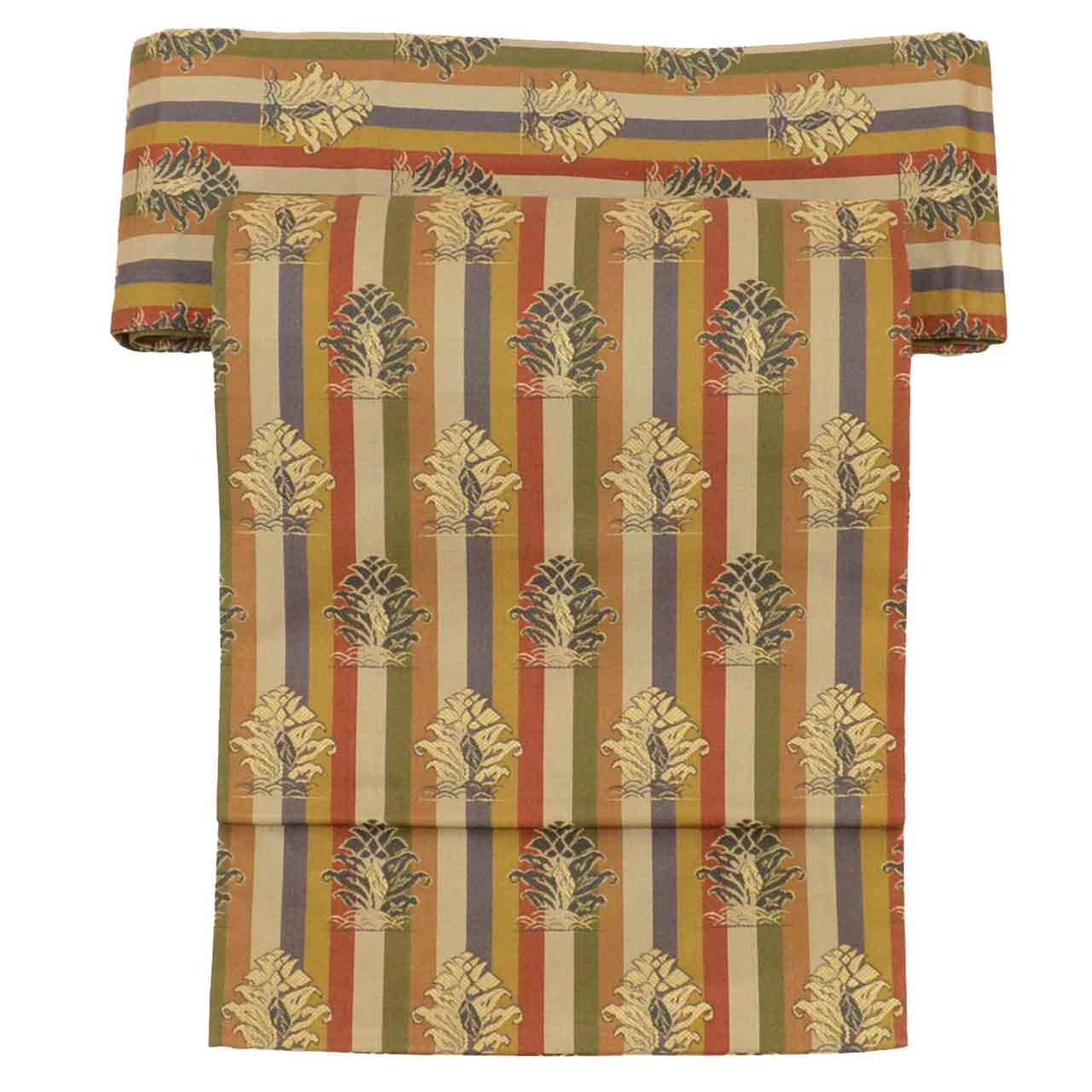 Vintage Japanese Obi | Nagoya Obi | Brown Silk | Stripe Botanical | Casual | Sustainable | uu2610b