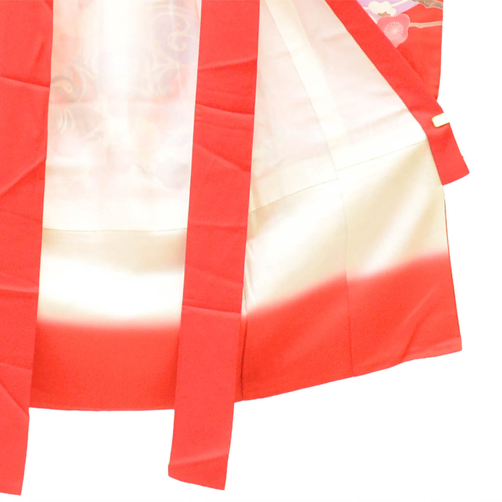 [Used] Recycled Kimono for Baby Girl, One-Piece, Pure Silk, Ready-Made, Sleeve Length 46.0cm (18.1in), Body Length 98.5cm (38.8in), Red, Mandarin Duck and Plum Blossom Pattern, Comes with Undergarment, Baby, Gold Embellishment, First Kimono uu2614b 