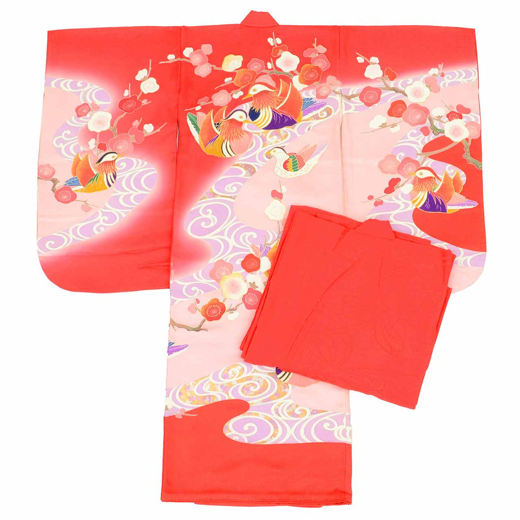 [Used] Recycled Kimono for Baby Girl, One-Piece, Pure Silk, Ready-Made, Sleeve Length 46.0cm (18.1in), Body Length 98.5cm (38.8in), Red, Mandarin Duck and Plum Blossom Pattern, Comes with Undergarment, Baby, Gold Embellishment, First Kimono uu2614b 