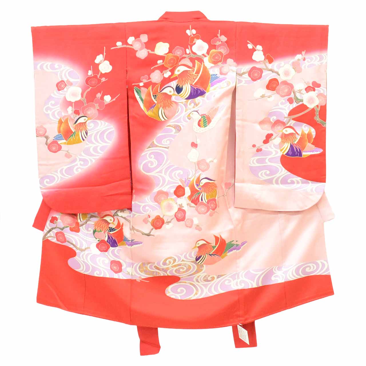 [Used] Recycled Kimono for Baby Girl, One-Piece, Pure Silk, Ready-Made, Sleeve Length 46.0cm (18.1in), Body Length 98.5cm (38.8in), Red, Mandarin Duck and Plum Blossom Pattern, Comes with Undergarment, Baby, Gold Embellishment, First Kimono uu2614b 