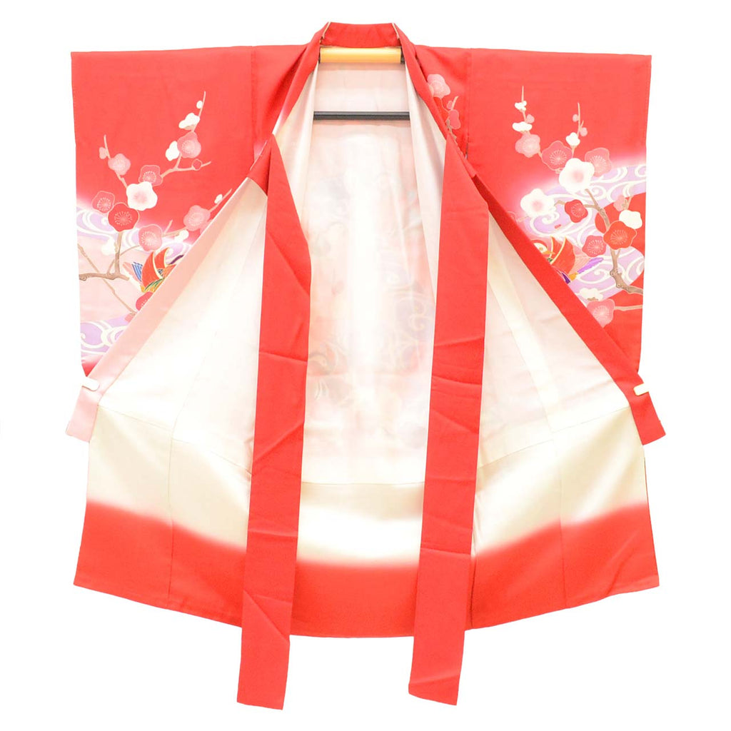 [Used] Recycled Kimono for Baby Girl, One-Piece, Pure Silk, Ready-Made, Sleeve Length 46.0cm (18.1in), Body Length 98.5cm (38.8in), Red, Mandarin Duck and Plum Blossom Pattern, Comes with Undergarment, Baby, Gold Embellishment, First Kimono uu2614b 