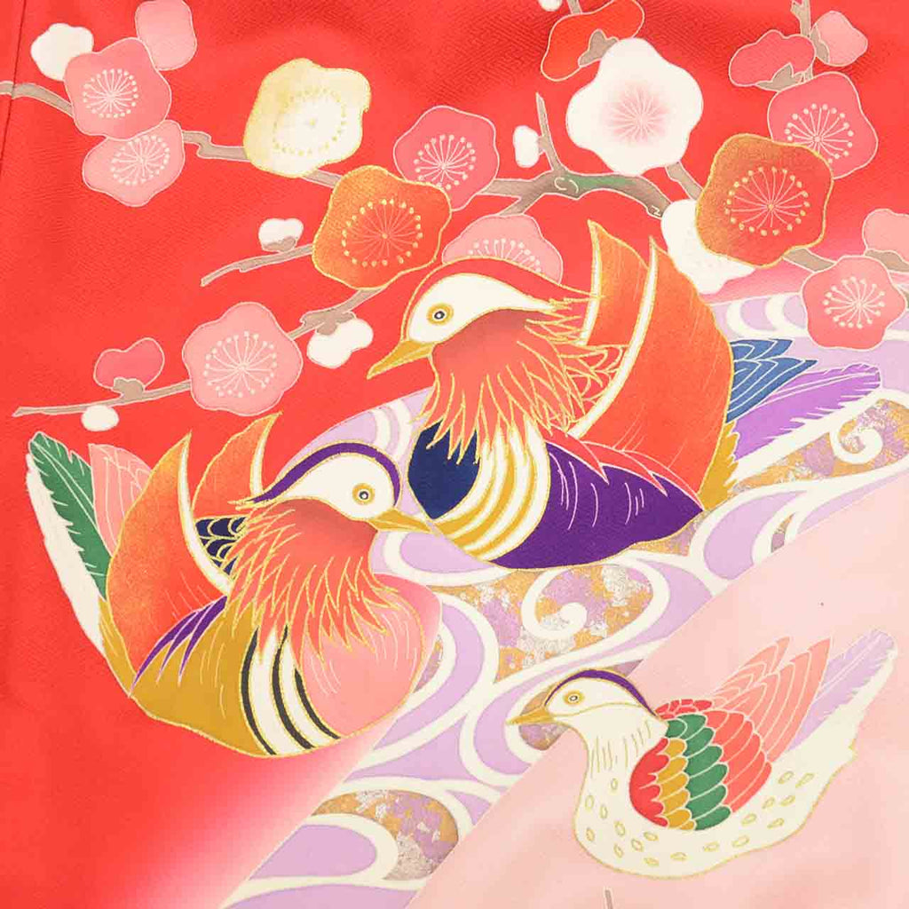 [Used] Recycled Kimono for Baby Girl, One-Piece, Pure Silk, Ready-Made, Sleeve Length 46.0cm (18.1in), Body Length 98.5cm (38.8in), Red, Mandarin Duck and Plum Blossom Pattern, Comes with Undergarment, Baby, Gold Embellishment, First Kimono uu2614b 