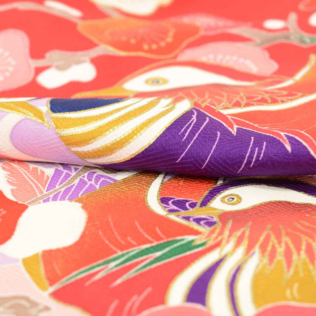 [Used] Recycled Kimono for Baby Girl, One-Piece, Pure Silk, Ready-Made, Sleeve Length 46.0cm (18.1in), Body Length 98.5cm (38.8in), Red, Mandarin Duck and Plum Blossom Pattern, Comes with Undergarment, Baby, Gold Embellishment, First Kimono uu2614b 