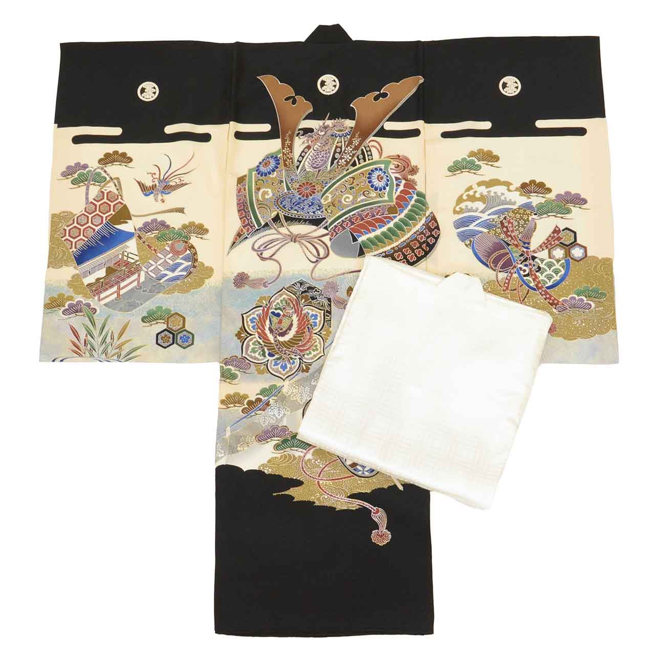 [Used] Recycled Kimono for Baby Boys' First Shrine Visit (Omiyamairi) - One-piece, Ready-made, Sleeve Length 48cm, Body Length 97cm, White, Helmet Pattern, Includes Undergarment, Family Crest, Silver Embellishment, Baby's First Kimono uu2617b 