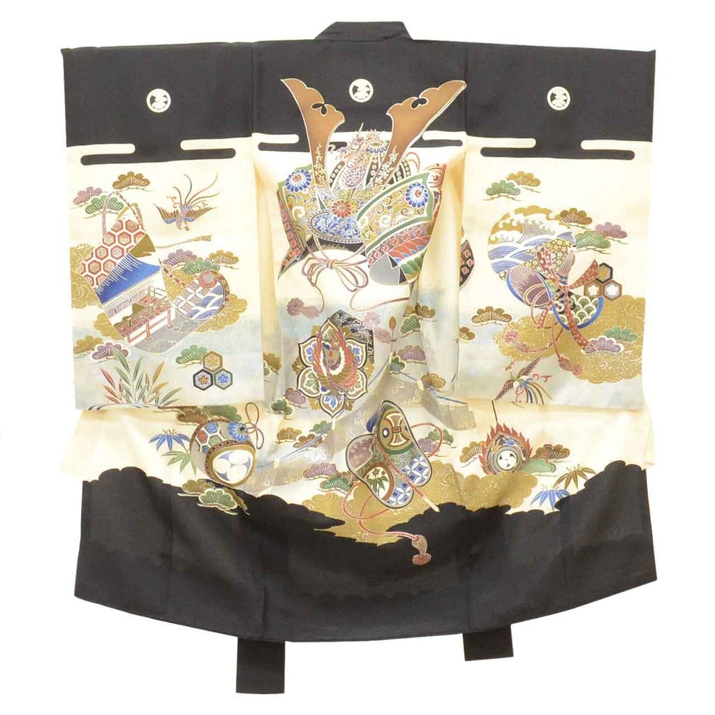 [Used] Recycled Kimono for Baby Boys' First Shrine Visit (Omiyamairi) - One-piece, Ready-made, Sleeve Length 48cm, Body Length 97cm, White, Helmet Pattern, Includes Undergarment, Family Crest, Silver Embellishment, Baby's First Kimono uu2617b 