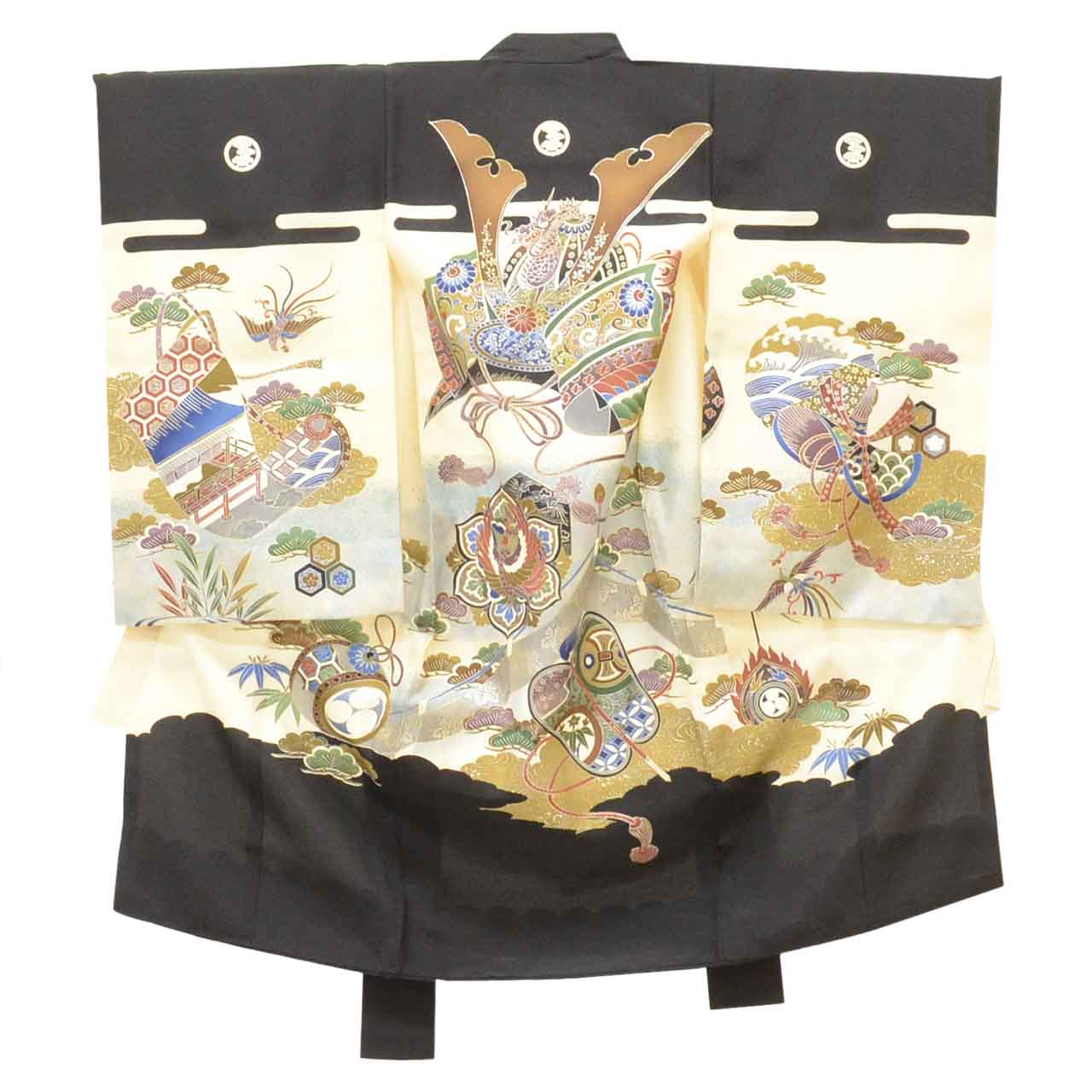 [Used] Recycled Kimono for Baby Boys' First Shrine Visit (Omiyamairi) - One-piece, Ready-made, Sleeve Length 48cm, Body Length 97cm, White, Helmet Pattern, Includes Undergarment, Family Crest, Silver Embellishment, Baby's First Kimono uu2617b 