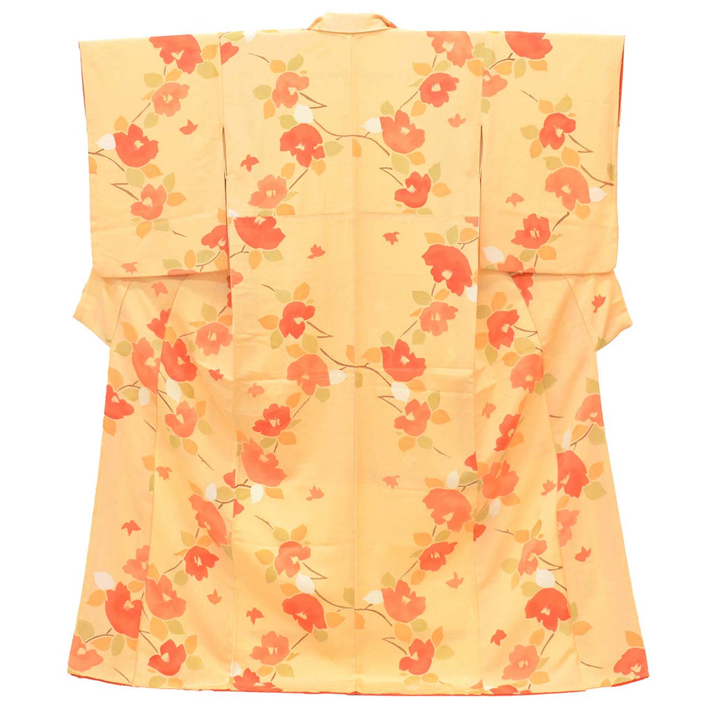 [Used] Recycled Kimono, Komon style, Pure Silk, Size L, Good Condition, Length 162.5cm (64.0in), Sleeve Length 63.3cm (24.9in), Lined, Ready-made, Orange Camellia, Silk, Reuse uu2620b 