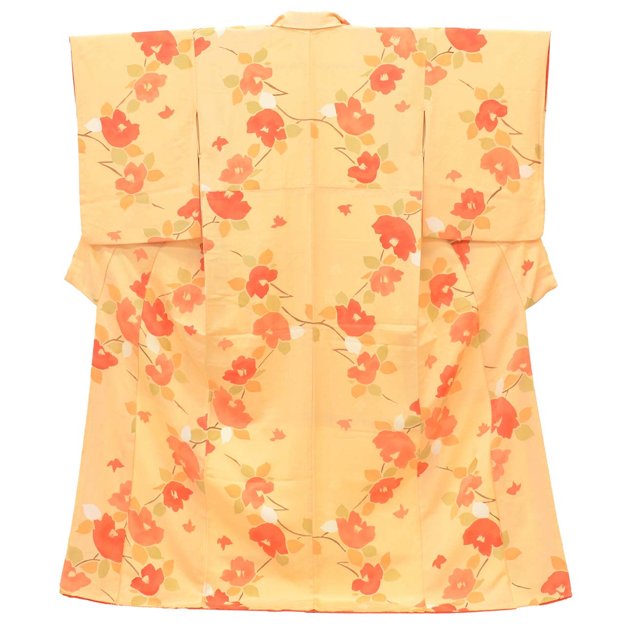 [Used] Recycled Kimono, Komon style, Pure Silk, Size L, Good Condition, Length 162.5cm (64.0in), Sleeve Length 63.3cm (24.9in), Lined, Ready-made, Orange Camellia, Silk, Reuse uu2620b 