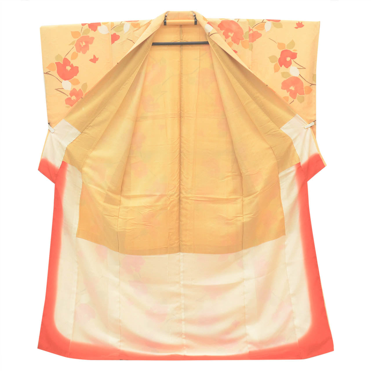 [Used] Recycled Kimono, Komon style, Pure Silk, Size L, Good Condition, Length 162.5cm (64.0in), Sleeve Length 63.3cm (24.9in), Lined, Ready-made, Orange Camellia, Silk, Reuse uu2620b 