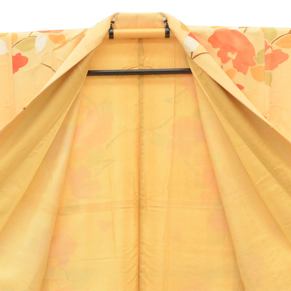 [Used] Recycled Kimono, Komon style, Pure Silk, Size L, Good Condition, Length 162.5cm (64.0in), Sleeve Length 63.3cm (24.9in), Lined, Ready-made, Orange Camellia, Silk, Reuse uu2620b 