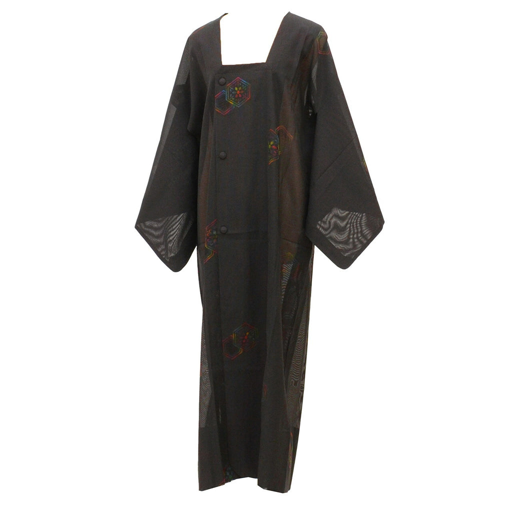Vintage Japanese Kimono | Summer Rain Coat | Black Silk Ro | Tortoiseshell Floral | Long | Sustainable | uu2624b