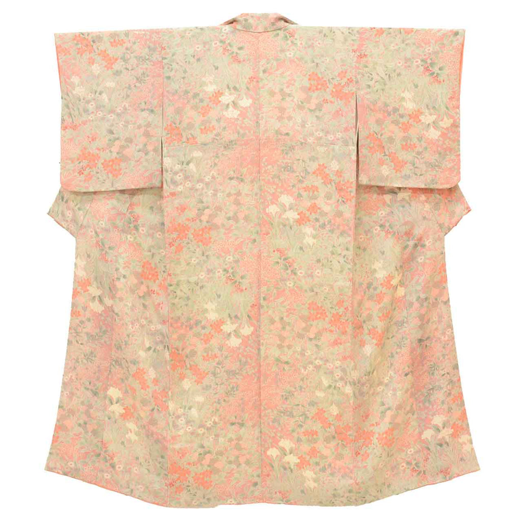[Used] Recycled Kimono, Komon style, Pure Silk, Size SS (Small Height), Good Condition, Length 147.0cm (57.9in), Sleeve Length 61.5cm (24.2in), Lined, Ready-made, Crepe fabric, Pink, Floral pattern, Silk, Reused, uu2674b 