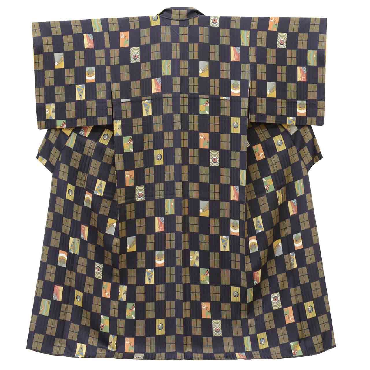 [Used] Recycled Kimono, Komon style, Pure Silk, Size L (Slightly Plus Size L), Excellent Condition, Length 161.5cm (63.6in), Pearl Tone treated, Sleeve Length 67.0cm (26.4in), Lined, Ready-made, Navy Blue, Reused uu2680b 