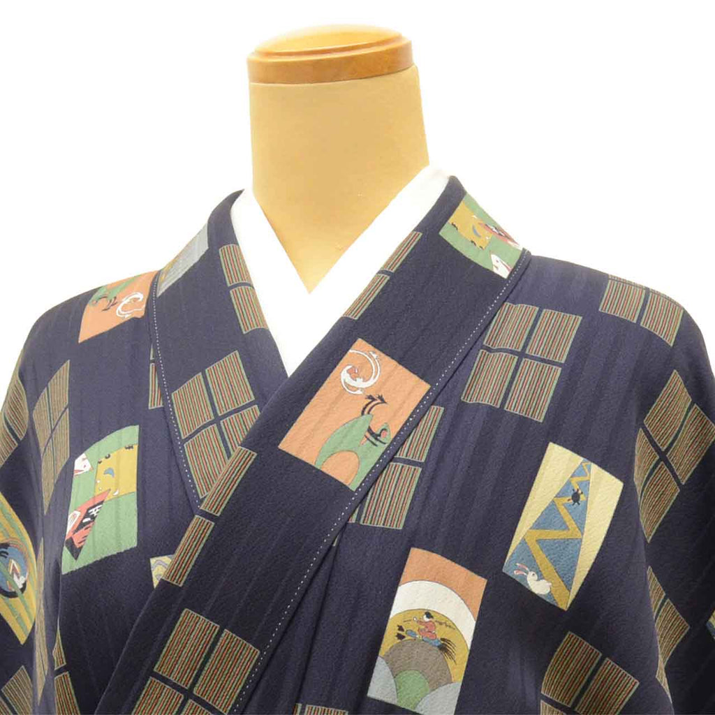 [Used] Recycled Kimono, Komon style, Pure Silk, Size L (Slightly Plus Size L), Excellent Condition, Length 161.5cm (63.6in), Pearl Tone treated, Sleeve Length 67.0cm (26.4in), Lined, Ready-made, Navy Blue, Reused uu2680b 