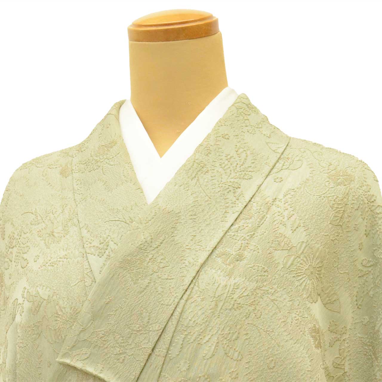 [Used] Recycled Kimono, Komon style, Pure Silk, Size M, Good Condition, Length 159.0cm (62.6in), Sleeve Length 63.3cm (24.9in), Lined, Ready-made, Textured Weave, Green Floral Pattern, Silk, Reused uu2683b 