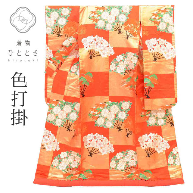 【中古】 リサイクル着物 色打掛 花嫁衣装 正絹 裄65cm 身丈185cm M 赤色系 四季花文様 金糸 引箔 銀糸 uu2687b